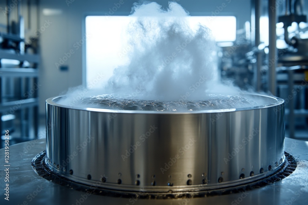 Poster steam rises from a boiling liquid in a laboratory setting during a scientific experiment with advanc