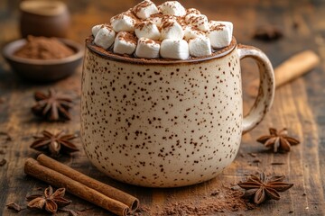 Rustic hot chocolate in a speckled ceramic cup, topped with marshmallows, surrounded by cinnamon sticks and star anise, creating a cozy winter drink.