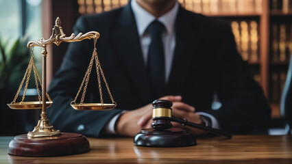 A golden justice scale and gavel on the table, with the judge in the background, symbolising the justice system and rule of law of a country