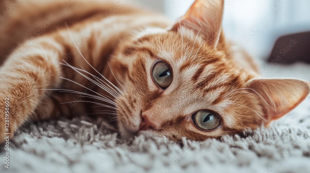 Poster relaxed ginger cat lounging on soft carpet in cozy indoor space during afternoon light. generative a