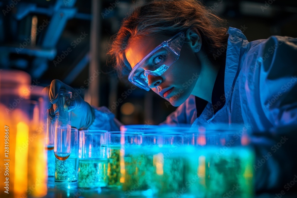 Poster scientist conducting experiments with glowing liquids in a laboratory during evening hours
