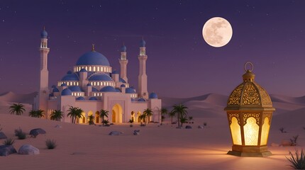 Ramadan Kareem background banner - Islamic decorative artwork for Eid celebrations and spiritual themes - Grand mosque with blue domes glowing lantern and full moon in desert night