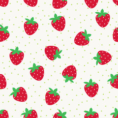 Seamless pattern with cute strawberries and polka dots on a light background