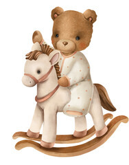 Cartoon Teddy Bear sitting on the toy horce. Gender neutral kids watercolor isolated illustration