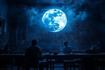 Fototapeta premium Group of people in a dimly lit room studying lunar blueprints under a large glowing moon