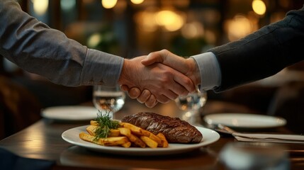 Handshake over dinner symbolizing partnership and business deal.