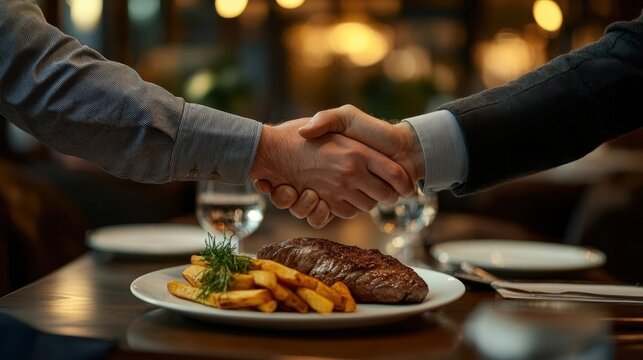 Handshake over dinner symbolizing partnership and business deal.
