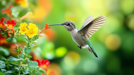 Naklejka premium A small hummingbird gracefully hovers in front of colorful flowers, feeding on nectar in a bright, blooming garden. Sunlight illuminates the scene, showcasing nature's beauty.