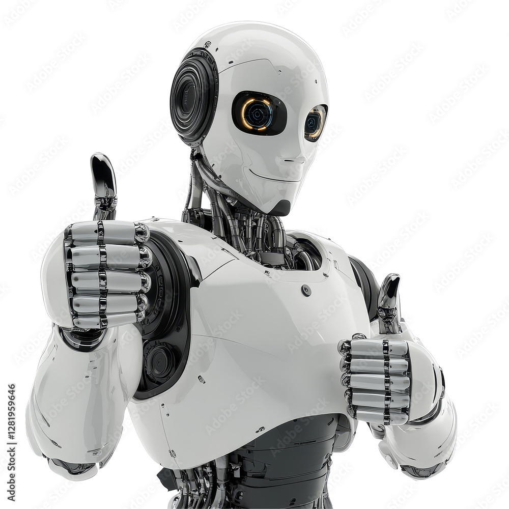 Poster a friendly ai robot gives a thumbs up gesture against a clean transparent background, ai robot givin