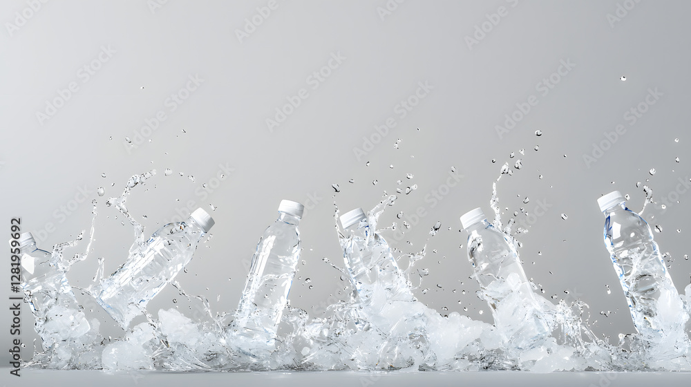 Poster dynamic splash of water bottles in a studio setting high-speed photography minimalist background cre