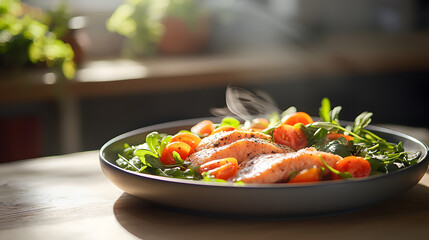 Fresh Salmon with Vegetables on Plate in Natural Light