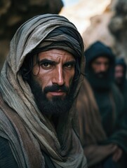 A man in a period costume portraying Jesus Christ, with a serious expression.