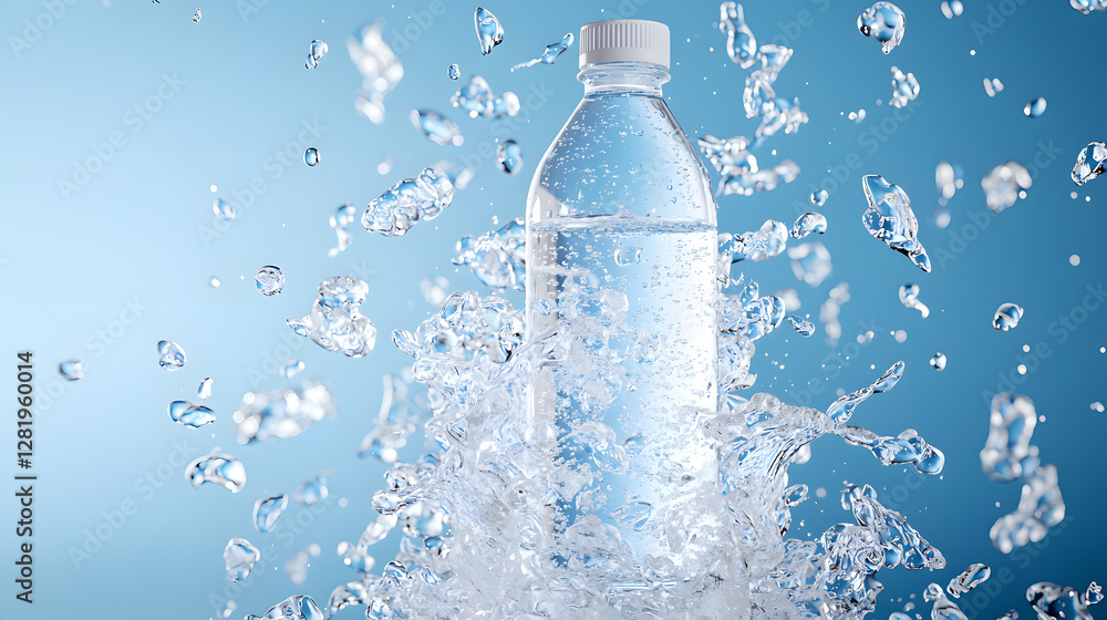 Poster dynamic splash of bottled water studio setting high-speed photography clean environment close-up vie