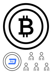 Bitcoin symbol in large circle smaller circle with Buy button, and six user icons. Ideal for finance, digital currency, technology, investment, e-commerce, internet, blockchain. Line metaphor