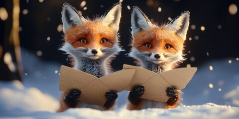 Two red foxes wearing mail gloves are exchanging Christmas cards in a snowy landscape. The image conveys a festive, whimsical holiday theme.