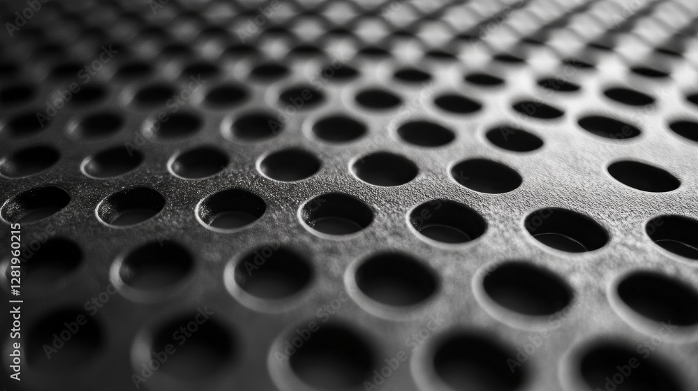 Poster Exploring an abstract design formed by dark metal mesh, this close-up reveals a mesmerizing pattern of hexagons and circles, showcasing texture and depth in a unique, artistic way.