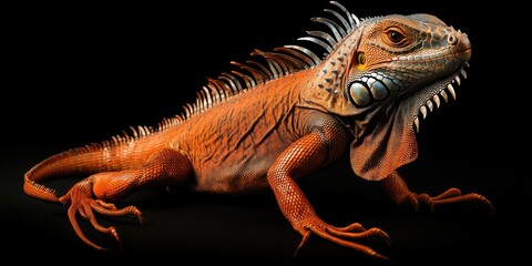 Obraz premium A large, red iguana with spiky scales and horns on its head.