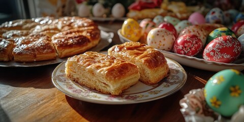 A table filled with various baked goods and sweet treats, likely part of an Easter celebration with colorfully decorated eggs.