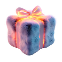 Fluffy 3D Cartoon Gift Box with Glowing Ribbons Isolated on Transparent Background