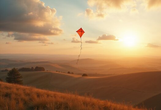 Kite soaring joyfully in the sunset sky over rolling hills