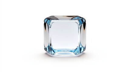 Clear Glass Cube with Blue Base on White Background for Design Use