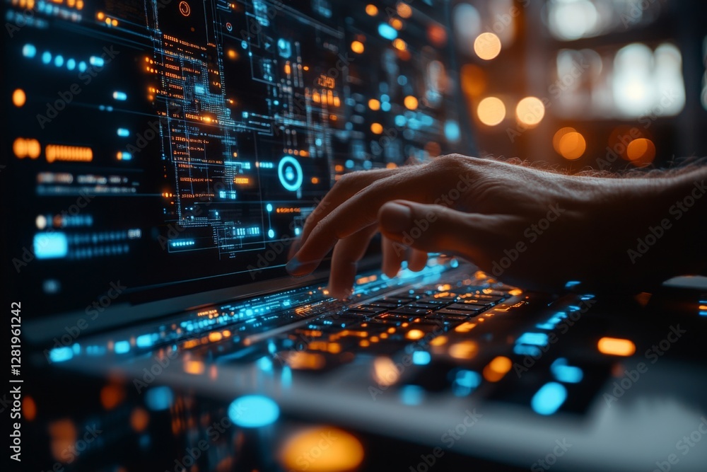 Poster technological innovation captured with a close-up of a hand typing on a laptop displaying vibrant di