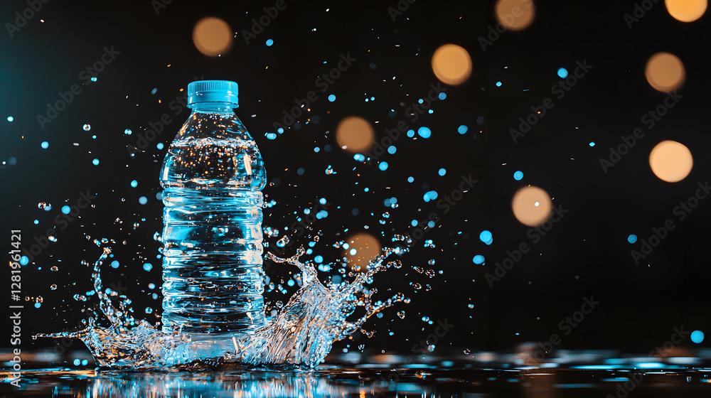 Poster dynamic water splash from a bottle studio setting product photography vibrant bokeh background close