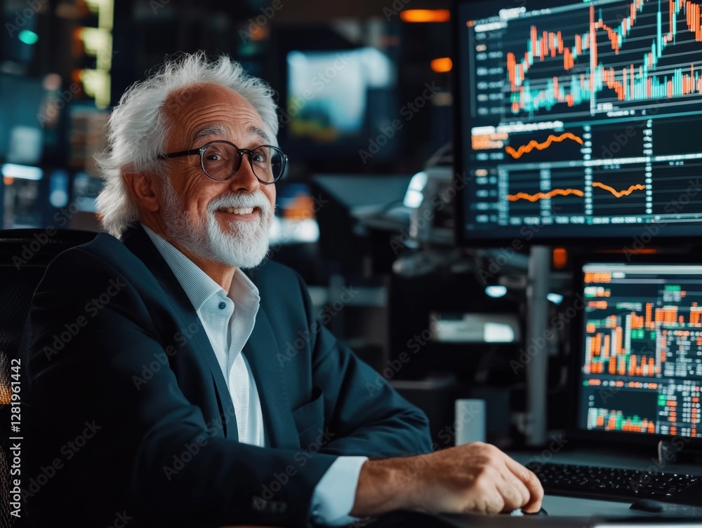 Poster man in business suit monitoring financial data on computer screens.