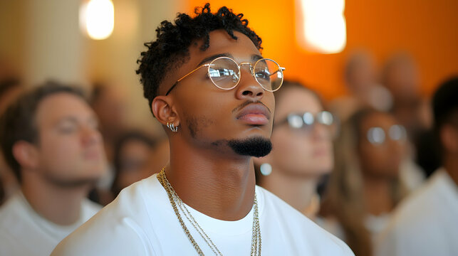 Young man in glasses attends indoor event