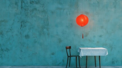 Cozy Dining Setup with Red Lantern Against Turquoise Wall Background