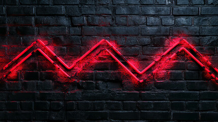 Grunge neon red zigzag light on dark textured brick wall for urban decor