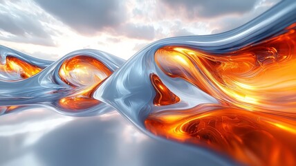 Fototapeta premium Dynamic abstract waves of silver and orange fluid, flowing gracefully under a bright sky, evoking a sense of movement and modernity for creative projects.