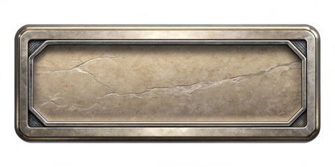 A sign with a crack in it. The crack is long and extends from the top to the bottom of the sign