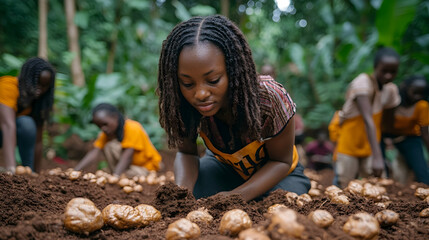 Young woman planting potatoes in African field, group working background, agriculture development