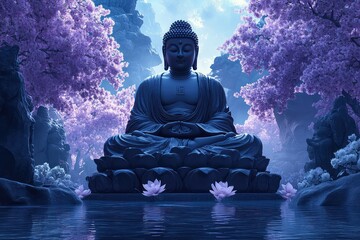 Majestic Buddha Statue in a Serene, Nighttime Garden