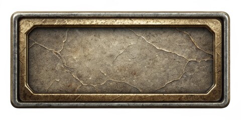 A metal sign with a rough surface and a gold border. The sign is empty and has no writing on it