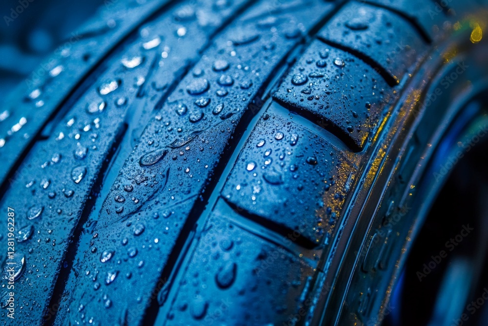Poster close-up of a wet tire with droplets highlighting tread details in a dimly lit environment