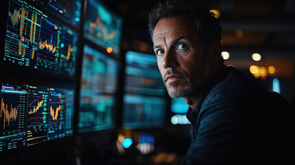 Confident financial expert analyzes cryptocurrency trends at futuristic trading desk surrounded by multiple screens in a dramatic Wall Street setting