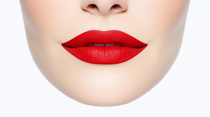 Fototapeta premium Close-Up of Glossy Red Lips with Smooth Skin on White Background