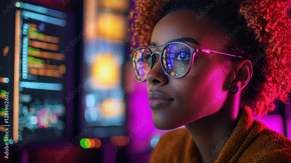 Poster dynamic tech-savvy woman engages in next-gen podcast creation in futuristic recording studio with in