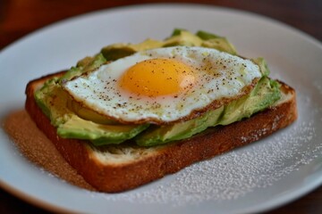 A plate features an open-faced toast topped with creamy avocado slices and a sunny-side-up egg, sprinkled with seasoning in a rustic cafe atmosphere