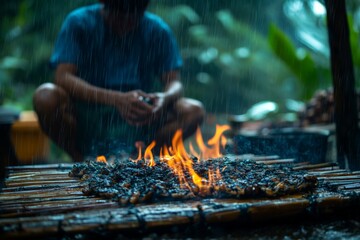 Fototapeta premium Cooking on bamboo over fire in the rain while a person waits in the background at a tropical forest setting