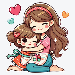 Cute little girl hugging her mother and holding a heart. Mother's day design, vector illustration. stock illustration