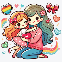 Cute little girl hugging her mother and holding a heart. Mother's day design, vector illustration. stock illustration