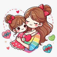 Cute little girl hugging her mother and holding a heart. Mother's day design, vector illustration. stock illustration