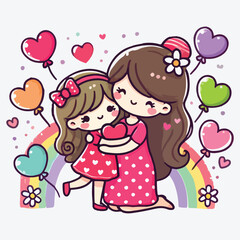 Cute little girl hugging her mother and holding a heart. Mother's day design, vector illustration. stock illustration