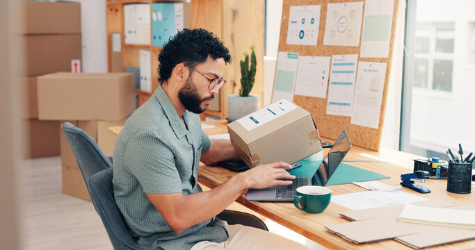 Box, laptop and logistics with man in office for distribution, shipping or supply chain. Computer, delivery and schedule with indian employee at work for shipment of export or import online order