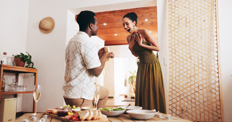 Happy, interracial couple and surprise with marriage proposal or ring for date, valentines day or...