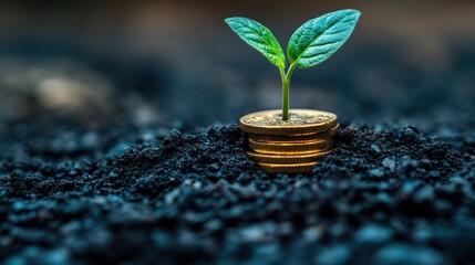 A small green plant emerging from a pile of coins, symbolizing growth and prosperity in nature