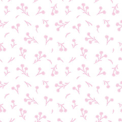 Seamless pattern сute simple small flower and leaves, of pink color naive hand drawn line style. Abstract floral branch for print textiles. Vector illustration